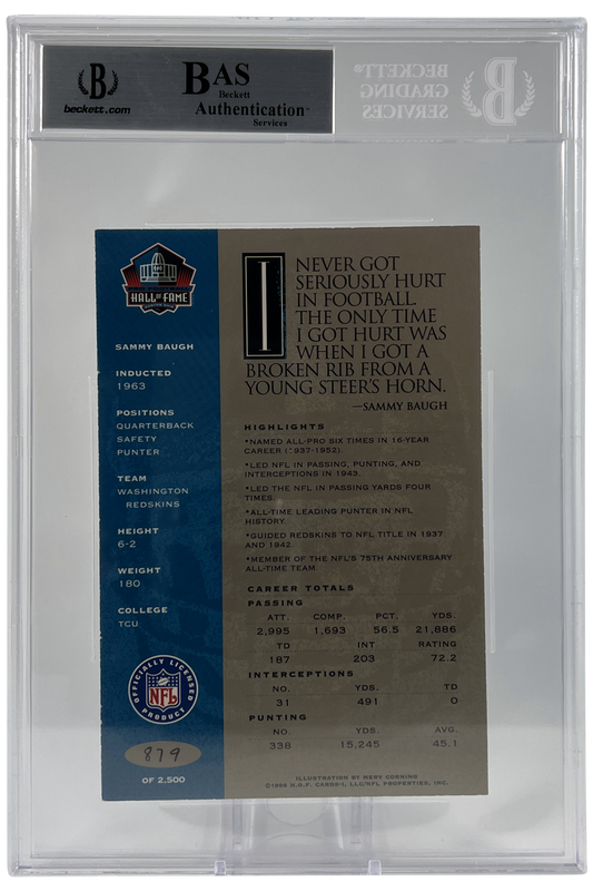 Sammy Baugh 1998 Hall of Fame Autograph | BGS Slabbed Postcard | HOF| 879/2500