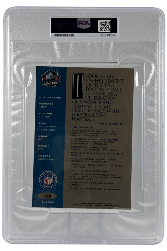 Mike Webster 1998  Hall of Fame Autograph | PSA Slabbed Postcard | HOF | 188/2500