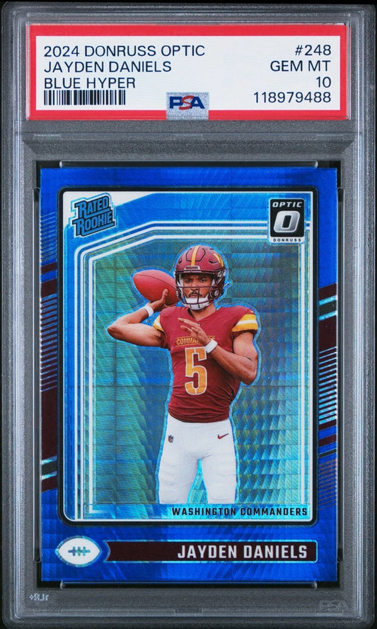 Jayden Daniels Share 2024 Donruss Optic | PSA 10 | Blue Hyper Rookie | #248 | POP 292